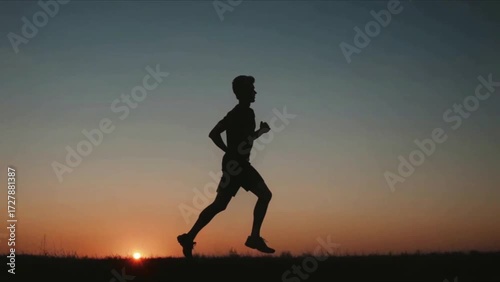 A silhouette of a determined runner strides confidently against the vibrant backdrop of a sunset, exuding a sense of determination and the pursuit of wellness. 