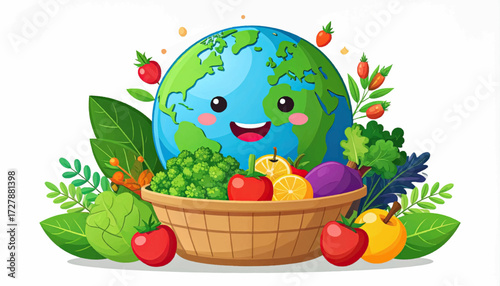 Cartoon Earth with smiling face in a basket of fruits and vegetables.