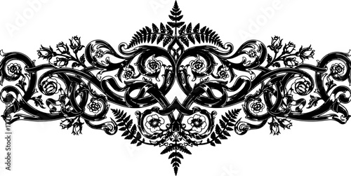 Elegant black and white ornamental flourish with roses and ferns, perfect for invitations and branding. silhouette and cutout removed background