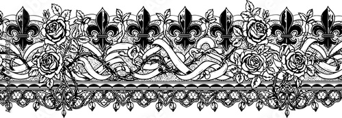 Elegant vintage floral border design with roses and fleur-de-lis for luxurious applications silhouette and cutout removed background