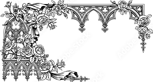 Elegant vintage gothic archway adorned with blooming roses and flowing ribbons, perfect for invitations. silhouette and cutout removed background