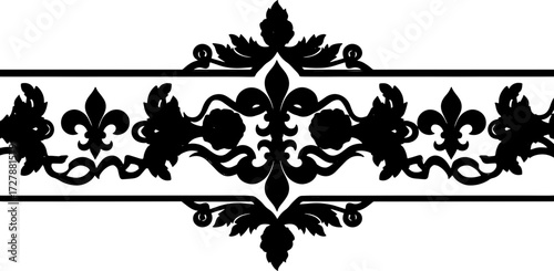 Elegant red fleur-de-lis and rose border design with ornate scrolling patterns silhouette and cutout removed background