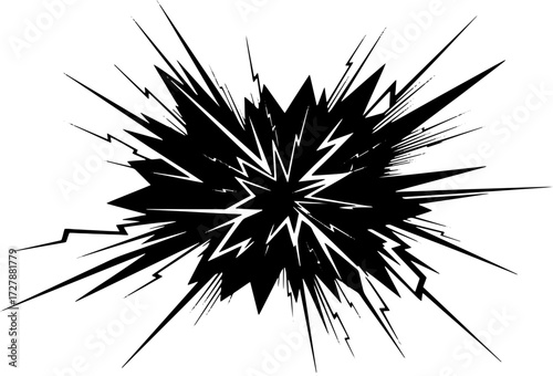Dynamic black explosion graphic effect with sharp radiating lines and lightning flashes silhouette and cutout removed background