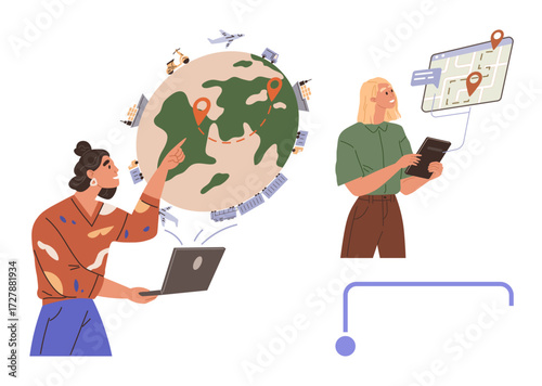 Woman pointing at globe with a laptop, another studying a digital map on a tablet. Ideal for technology, travel, navigation, logistics, global connectivity, location services, simple flat metaphor