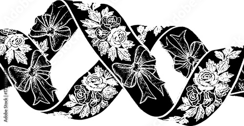 Elegant black ribbon with white floral and bow embroidery adds a touch of luxury to any craft project silhouette and cutout removed background