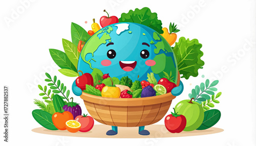 Cartoon Earth holding a bowl of fruits and vegetables, surrounded by foliage.