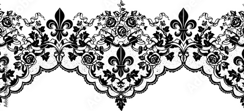 Elegant vintage black lace border with roses and fleur de lis, perfect for luxurious invitations and designs. silhouette and cutout removed background