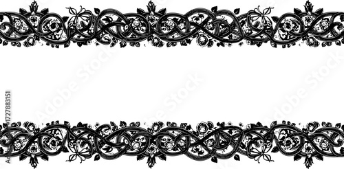 Elegant black and white floral border design with intricate knotwork and roses silhouette and cutout removed background