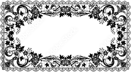 Elegant black lace border with vintage floral and vine motifs creates a sophisticated decorative frame silhouette and cutout removed background