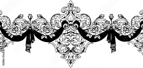 Elegant baroque scrollwork with roses and flowing ribbon creates a sophisticated vintage border design silhouette and cutout removed background