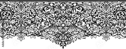 Elegant black and white floral border design with intricate swirling patterns and classic motifs silhouette and cutout removed background