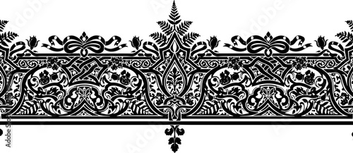 Elegant black and white ornamental border design with floral and ribbon motifs silhouette and cutout removed background
