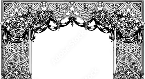 Elegant vintage ornate floral frame with draped fabric, perfect for invitations and decorative designs silhouette and cutout removed background
