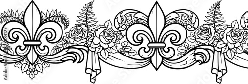 Elegant black and white floral border with fleur de lis and roses, perfect for vintage designs silhouette and cutout removed background
