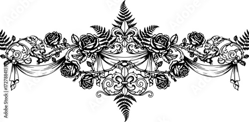 Elegant black and white floral border with roses, ferns, and ornate scrollwork for timeless design silhouette and cutout removed background