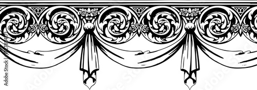 Exquisite ornate baroque architectural border design with elegant drapery and floral motifs silhouette and cutout removed background