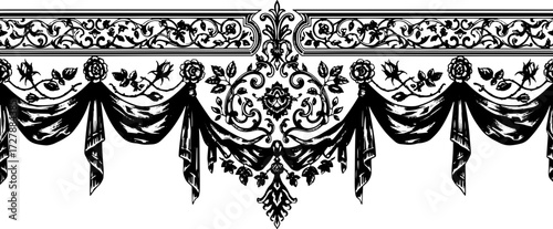 Elegant vintage black and white ornate floral border with draped fabric and roses silhouette and cutout removed background
