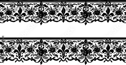 Elegant black floral borders with fleur-de-lis and ribbons, vintage ornate design elements silhouette and cutout removed background