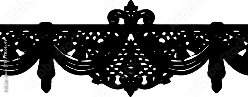 Elegant black ornate floral border with roses and draped fabric design silhouette and cutout removed background