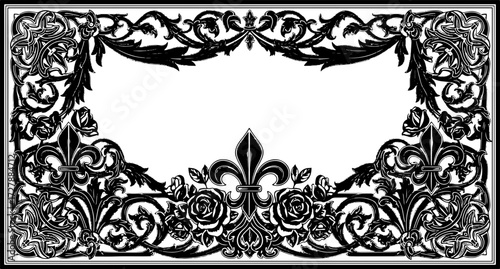 Elegant black and white floral flourish with fleur de lis and roses, perfect for invitations and borders. silhouette and cutout removed background