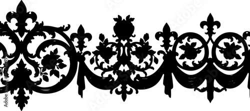 Elegant black ornate decorative border with roses and fleur de lis motifs for luxury interiors silhouette and cutout removed background