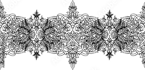 Intricate floral border design with roses and ferns, elegant Celtic knotwork, timeless decorative element silhouette and cutout removed background