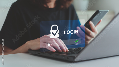 Woman entering password on laptop and holding smartphone for secure login. Concept of two-factor authentication, cybersecurity, online access protection and digital identity verification.