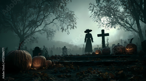Halloween background with scarecrow, pumpkins, and crosses in a spooky graveyard