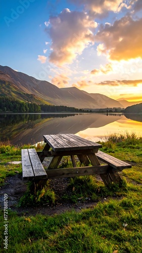 Lakeside picnic table at sunset