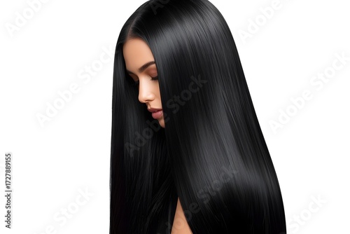 Beautiful long hair. Beauty woman with straight black hair isolated on white