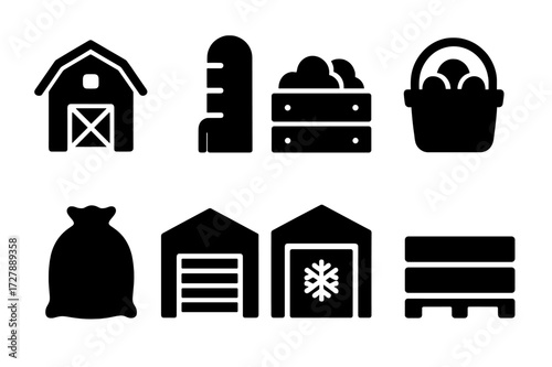 Harvest Storage Icons. Solid, filled icon set of harvest storage: barn, silo, crate, basket, sack, warehouse, cold storage, pallet. [Line icons in only black