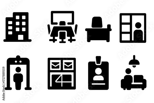 Corporate Headquarters Icons. Solid, filled icon set of corporate headquarters: office building, boardroom, CEO office, cubicles, security gate, mailroom,