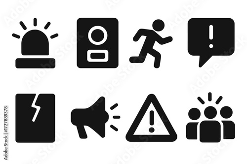 Emergency Icon Set. Solid, filled icon set of emergency panic: flashing siren, fire alarm, running silhouette, alert message, broken glass, loudspeaker,