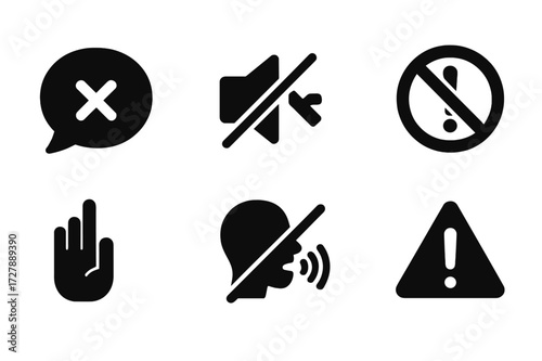 No Profanity Icons. Solid, filled icon set of no swearing signs: speech bubble with crossed mouth, mute symbol, no profanity text, crossed exclamation mark,