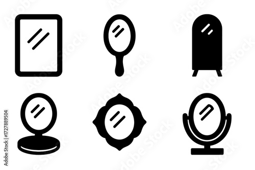 Mirror Icon Set. Solid, filled icon set of mirror types: wall mirror, hand mirror, makeup mirror, full-length mirror, compact mirror, bathroom
