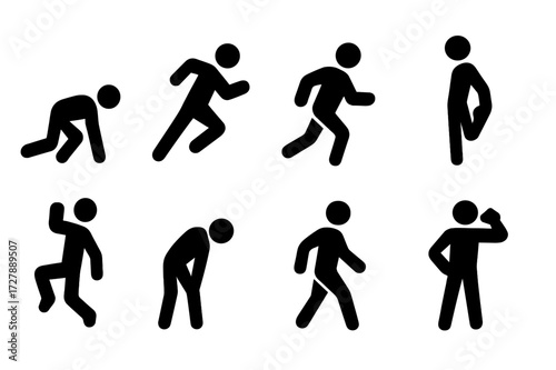 Running Pose Icons. Solid, filled icon set of running poses: start position, sprinting, jogging, stretching, jumping, resting, cooling down, hydration break.