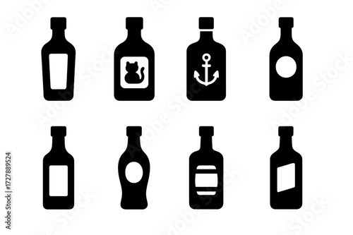 Gin Types Icon Set. Solid, filled icon set of gin types: London dry gin bottle, old tom gin, navy strength gin, distilled gin, flavored gin, genever, pink gin,