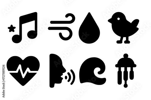 Gentle Sound Icons. Solid, filled icon set of gentle sounds: lullaby note, soft wind, raindrop, bird chirp, heartbeat, whisper, ocean wave, chime. Solid,