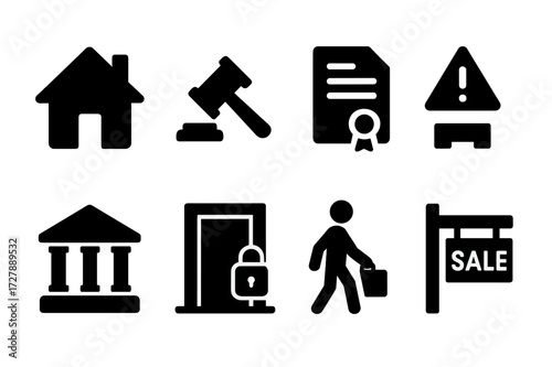 Foreclosure Icon Set. Solid, filled icon set of foreclosure process: house, auction hammer, legal document, foreclosure notice, bank, locked door, eviction,