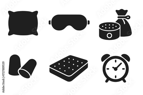 Relief Sleep Aids Icons. Solid, filled icon set of relief sleep aids: pillow, sleep mask, white noise machine, lavender sachet, ear plugs, mattress, blanket,