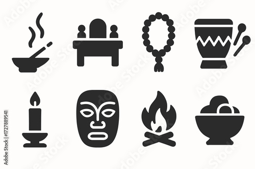Ethnic Ritual Symbols. Solid, filled icon set of ethnic rituals and ceremonies: incense, altar, prayer beads, ceremonial drum, candle, ritual mask, sacred