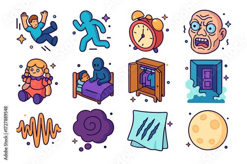 Colorful Nightmares Icons. Colorful isometric vector icons set of Nightmares: falling dream, chased figure, alarm clock, distorted face, creepy doll, sleep