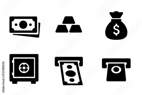 Black Money Icons. Solid, filled icon set of cash safe: money stack, gold bars, coin pile, cash bag, locked vault, cash drawer, deposit slot, security seal.