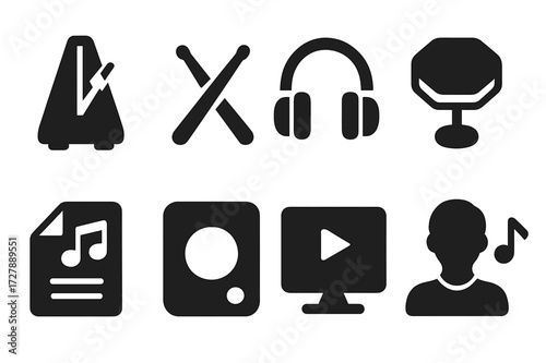 Drumming Essentials Icons. Solid, filled icon set of hand drum practice and rehearsal: metronome, drumsticks, headphones, practice pad, music sheet, recording