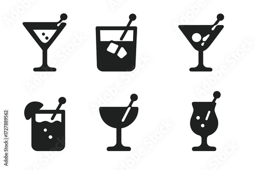 Stirred Cocktail Icons. Solid, filled icon set of stirring cocktail types: stirred martini, stirred old fashioned, stirred negroni, stirred Manhattan, stirred