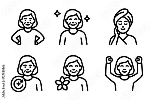 Anti-Aging Icon Set. Solid, filled icon set of anti-aging related emotions: confidence, happiness, relaxation, self-care, vitality, youthfulness, calmness,