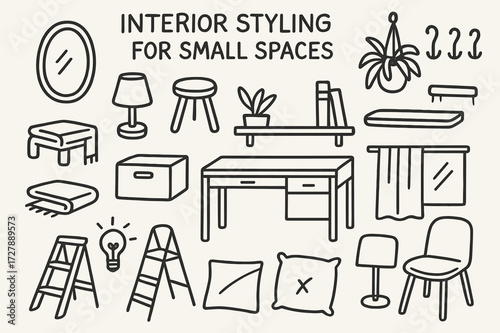 Compact Space Essentials. Hand-drawn doodle illustration [Interior styling for small spaces] [mirror, compact lamp, stool, folded rug, storage box, hooks,