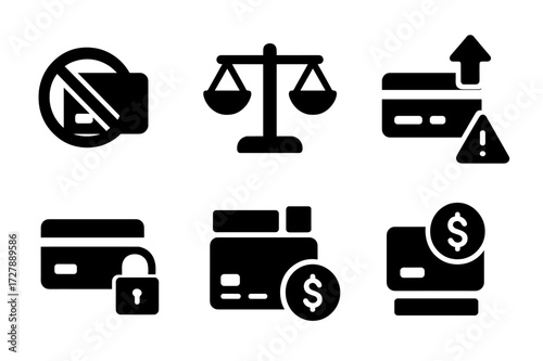 Credit Limit Icons. Solid, filled icon set of credit limits: blocked icon, balance scale, high limit arrow, usage bar, warning sign, restriction