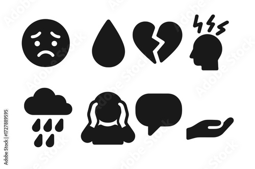 Layoff Emotions Icons. Solid, filled icon set of emotional impact of layoff: stressed face, tear drop, broken heart, headache, cloud with rain, hands holding