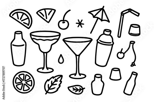 Cocktail Doodle Icons. Hand-drawn doodle illustration Cocktail rim cocktail glass, martini glass, shaker, lemon wedge, orange slice, cherry, umbrella, straw,